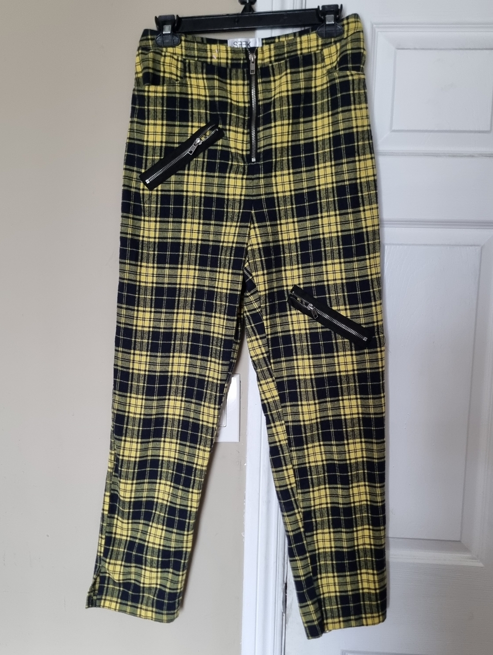 SEEK The Label Yellow & Black Plaid Womens Pants Size M 28X28 zipper Details